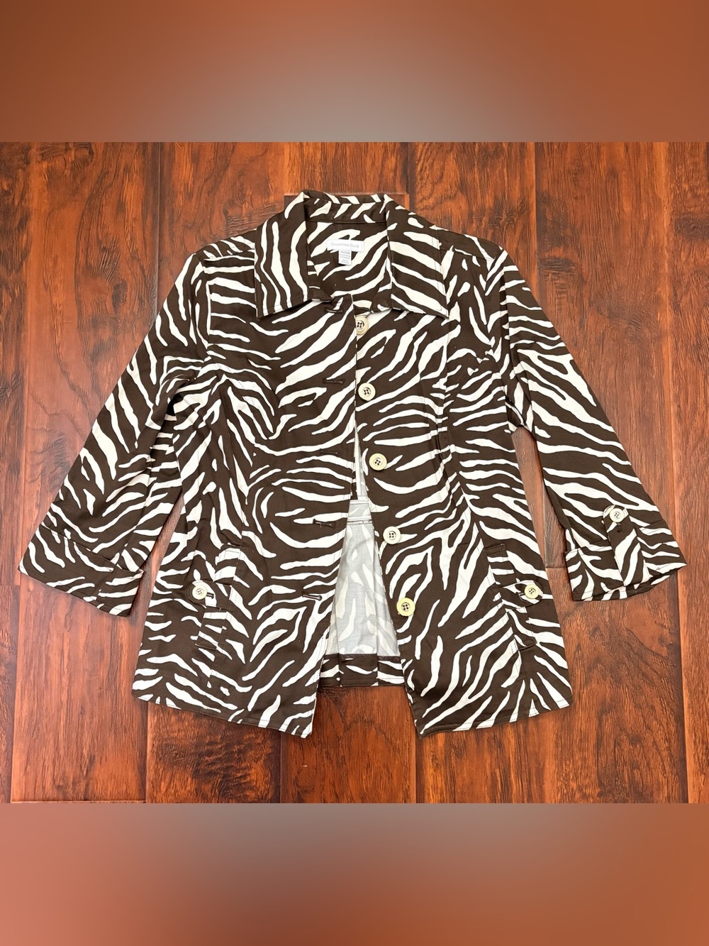 Charter Club Brown Zebra Print Button Front Jacket Size M Y2K